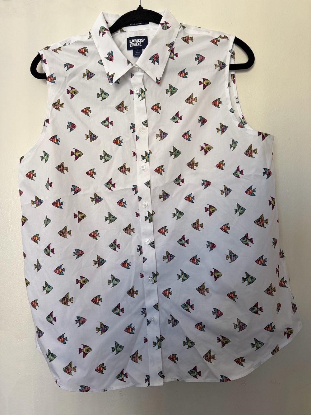 Lands’ End No Iron Supima Cotton Fish Print Sleeveless Button Front Blouse L